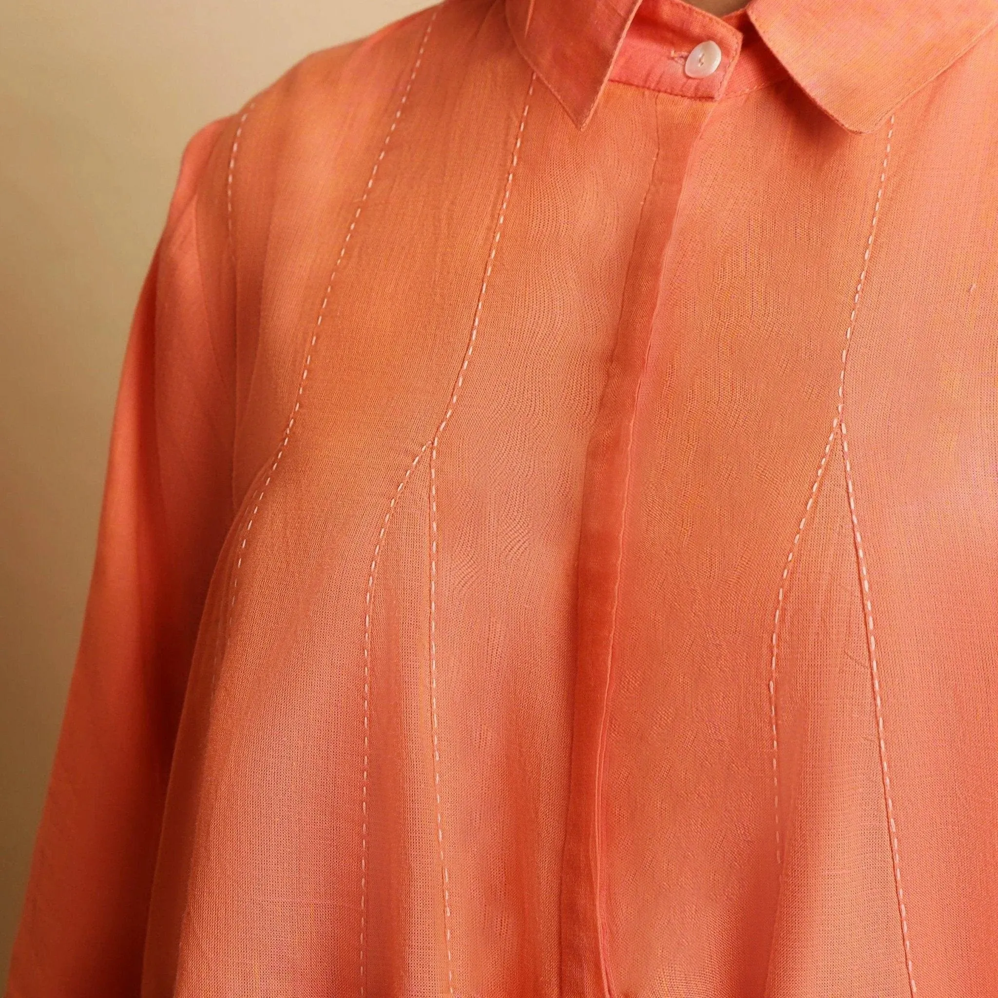 Salmon Pink Cotton Regular Collar Godet Top
