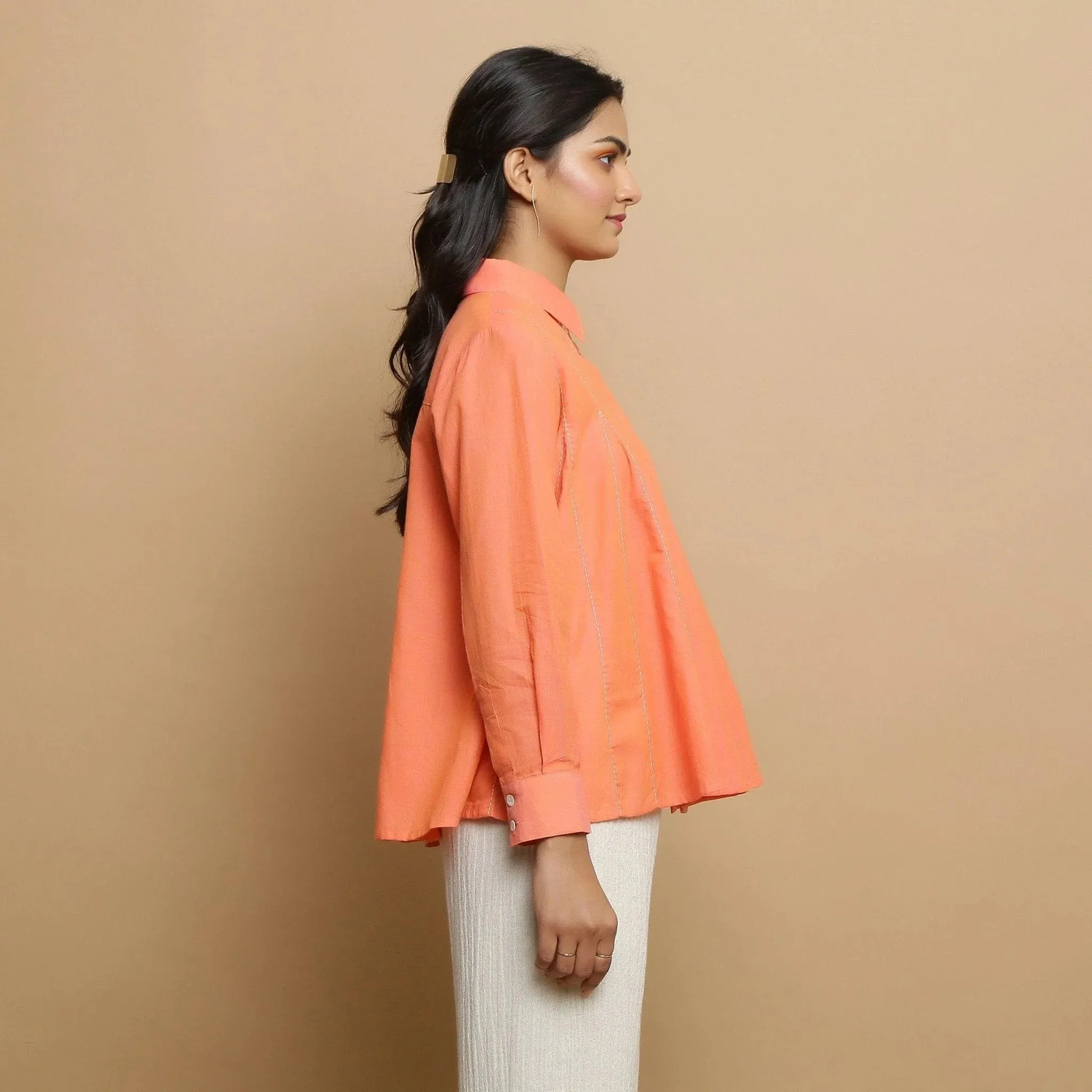 Salmon Pink Cotton Regular Collar Godet Top