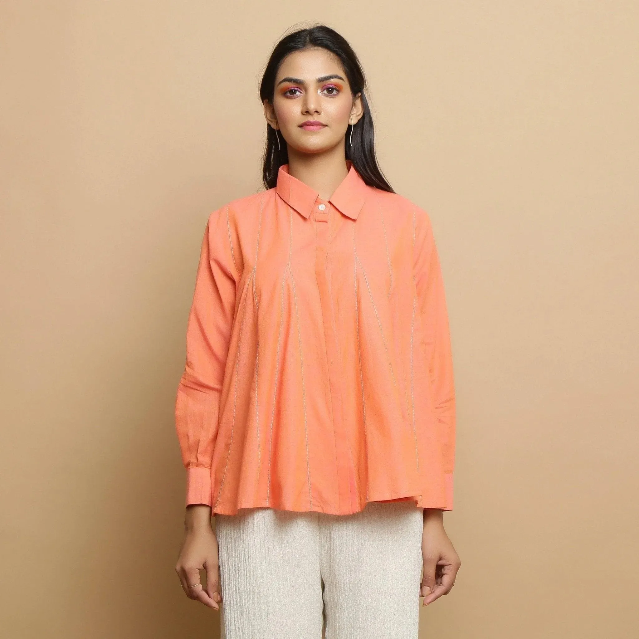 Salmon Pink Cotton Regular Collar Godet Top
