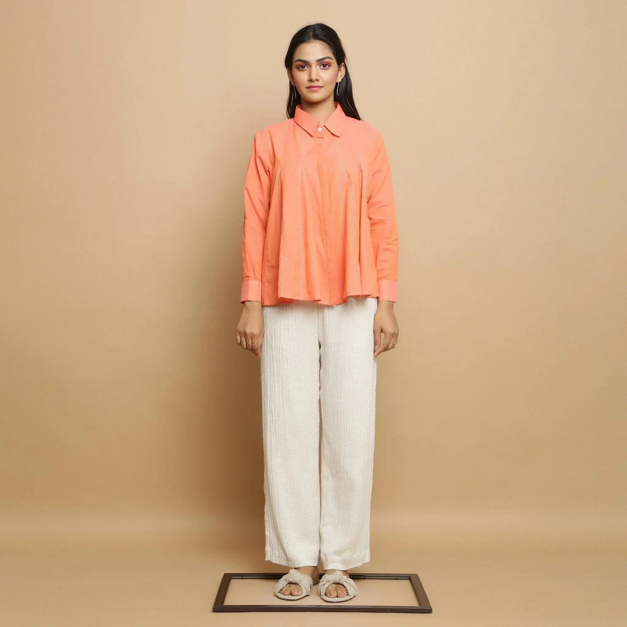 Salmon Pink Cotton Regular Collar Godet Top