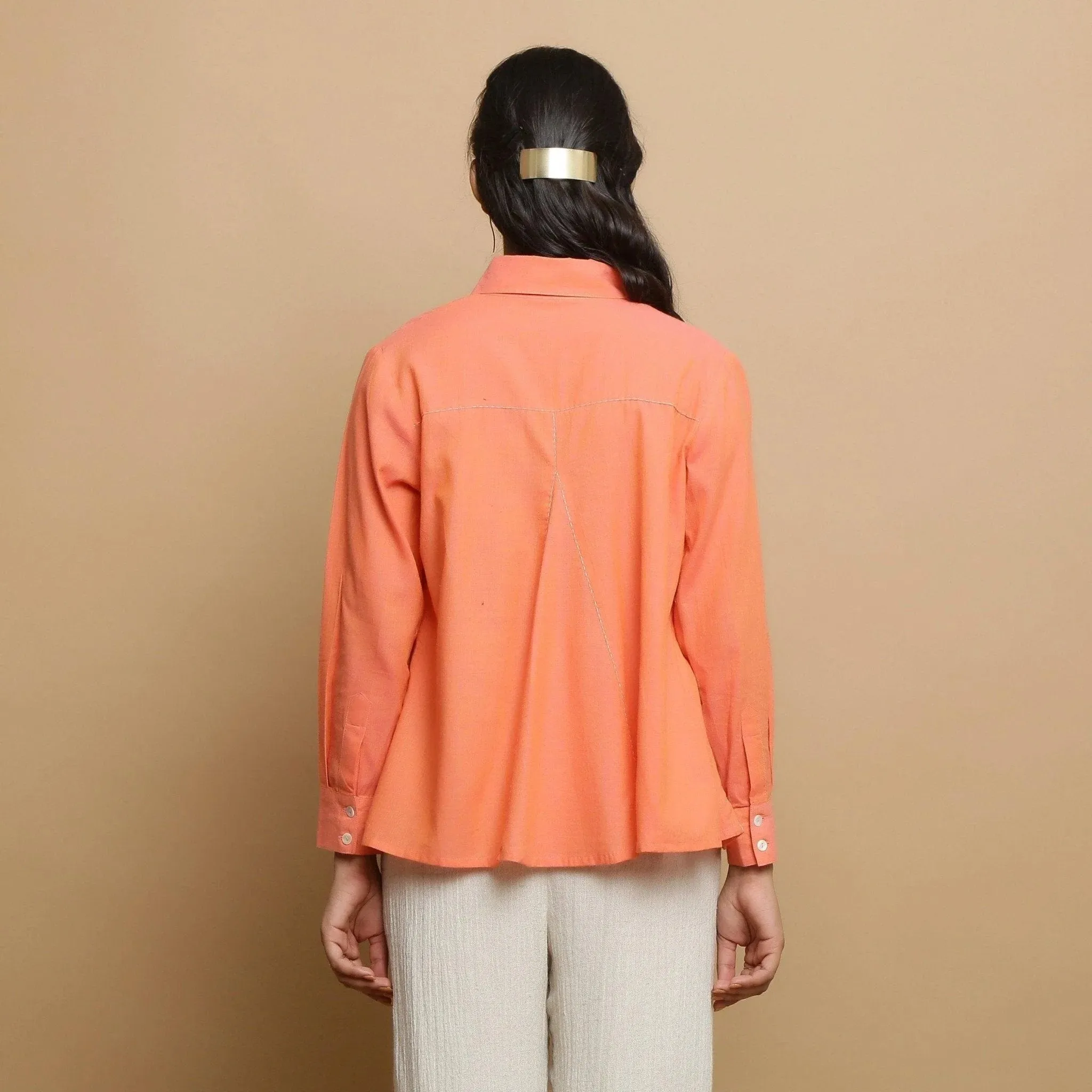Salmon Pink Cotton Regular Collar Godet Top