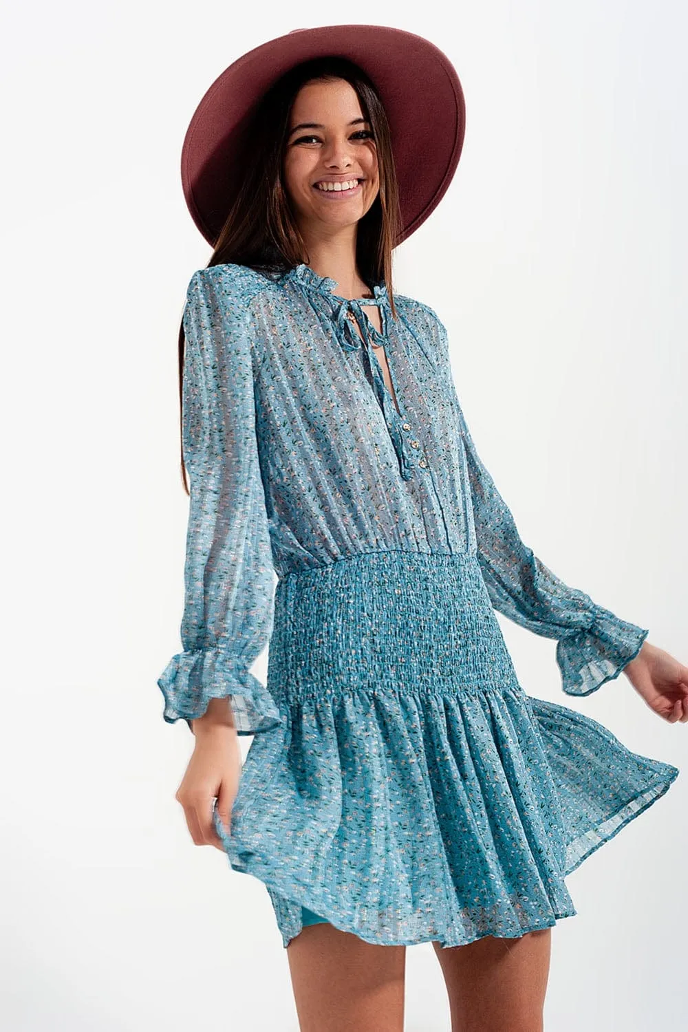 Shirred Skirt Mini Dress With Keyhole Detail In Turquoise
