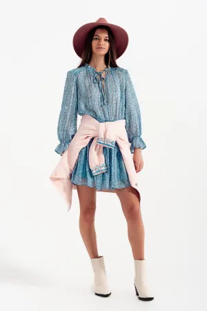 Shirred Skirt Mini Dress With Keyhole Detail In Turquoise