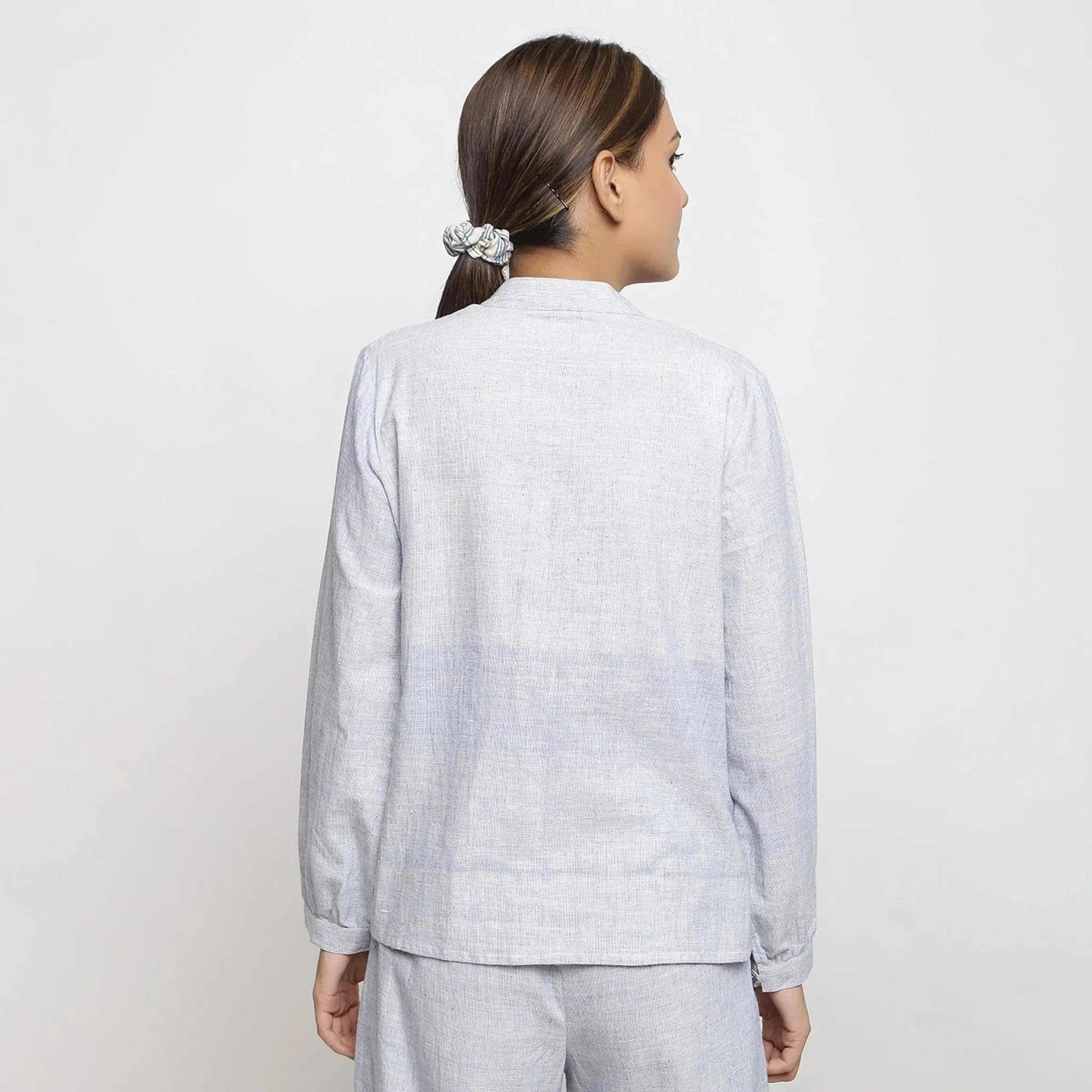 Sky Blue Yarn Dyed Handspun Cotton Mandarin Collar Shirt