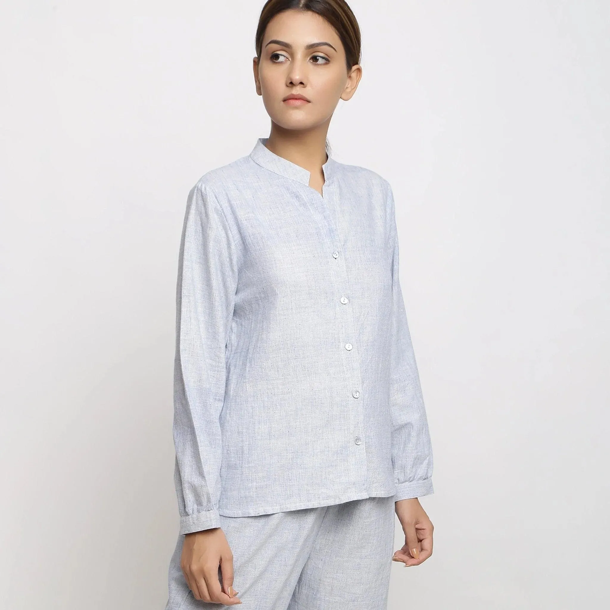 Sky Blue Yarn Dyed Handspun Cotton Mandarin Collar Shirt