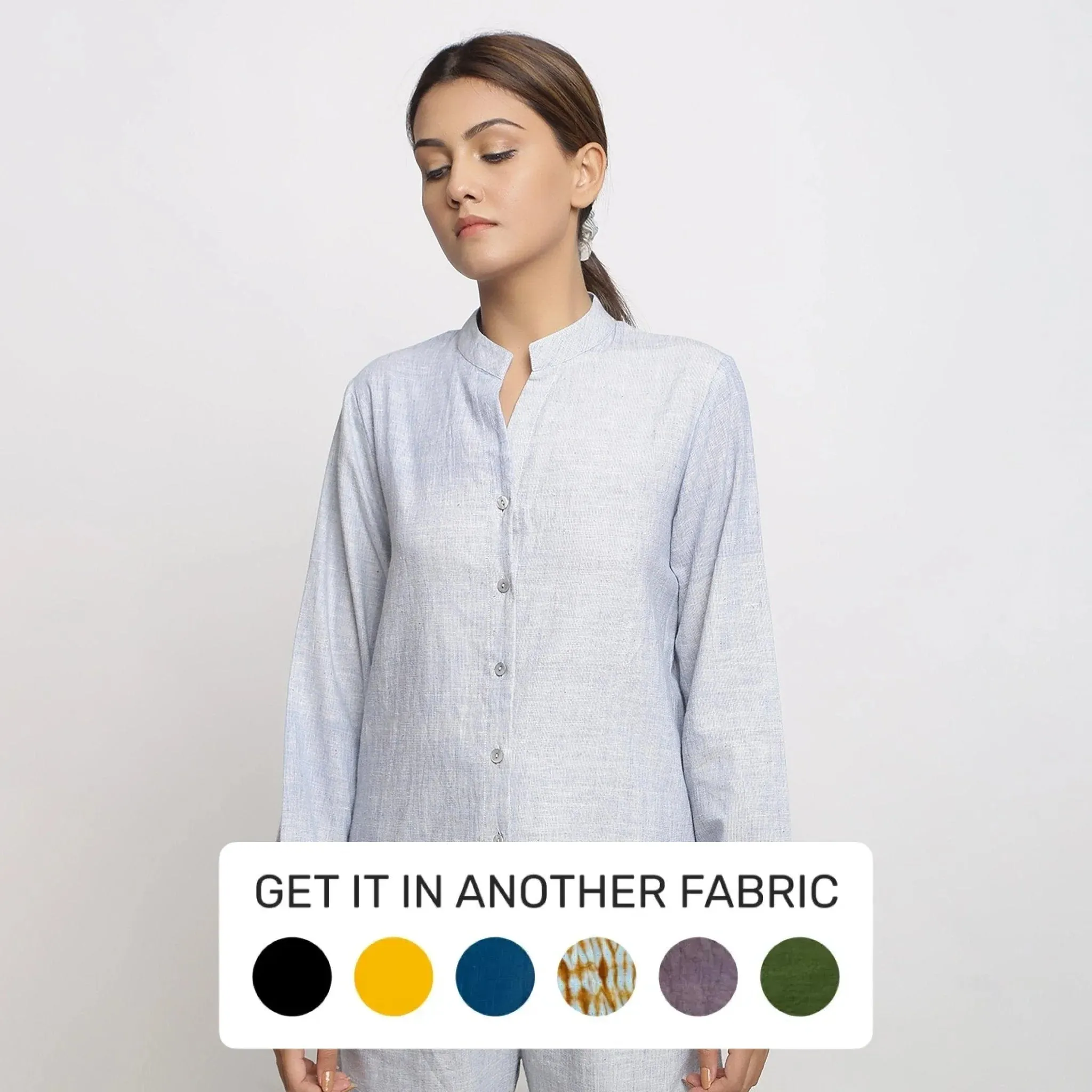 Sky Blue Yarn Dyed Handspun Cotton Mandarin Collar Shirt