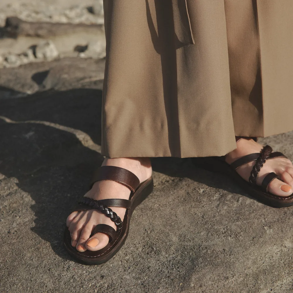 Sophia - Leather Braided Flat Sandal | Brown