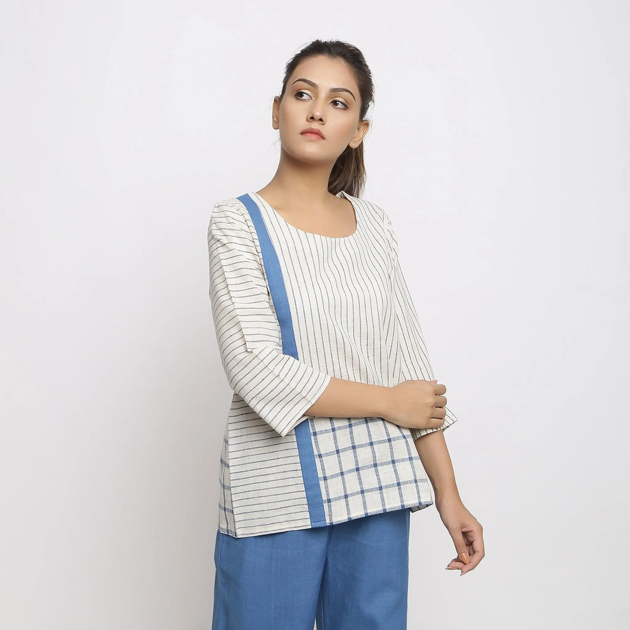 White and Blue Vegetable Dyed Handspun Cotton Paneled Top