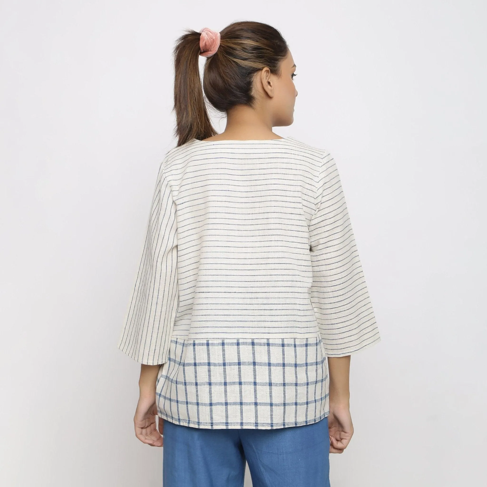White and Blue Vegetable Dyed Handspun Cotton Paneled Top