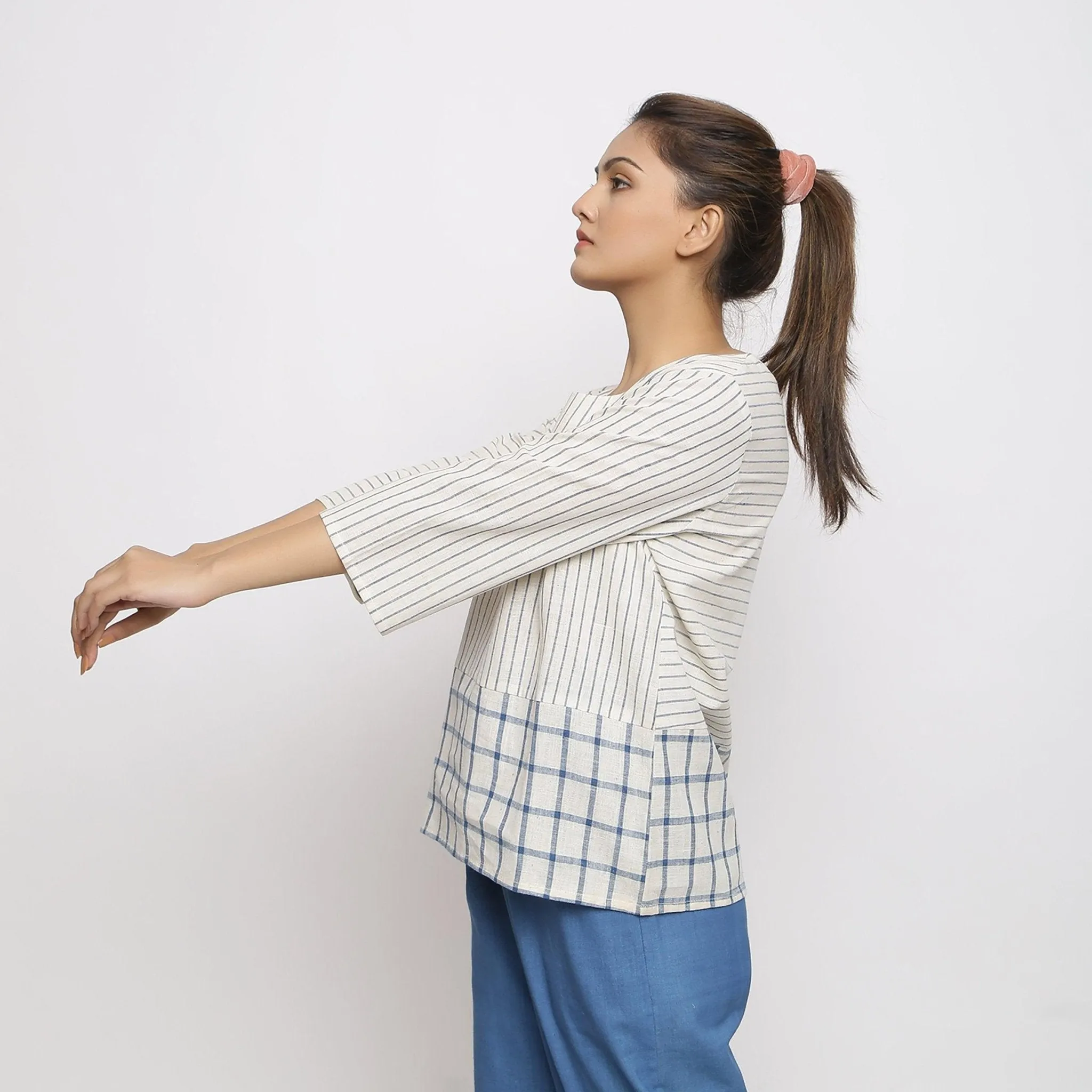 White and Blue Vegetable Dyed Handspun Cotton Paneled Top