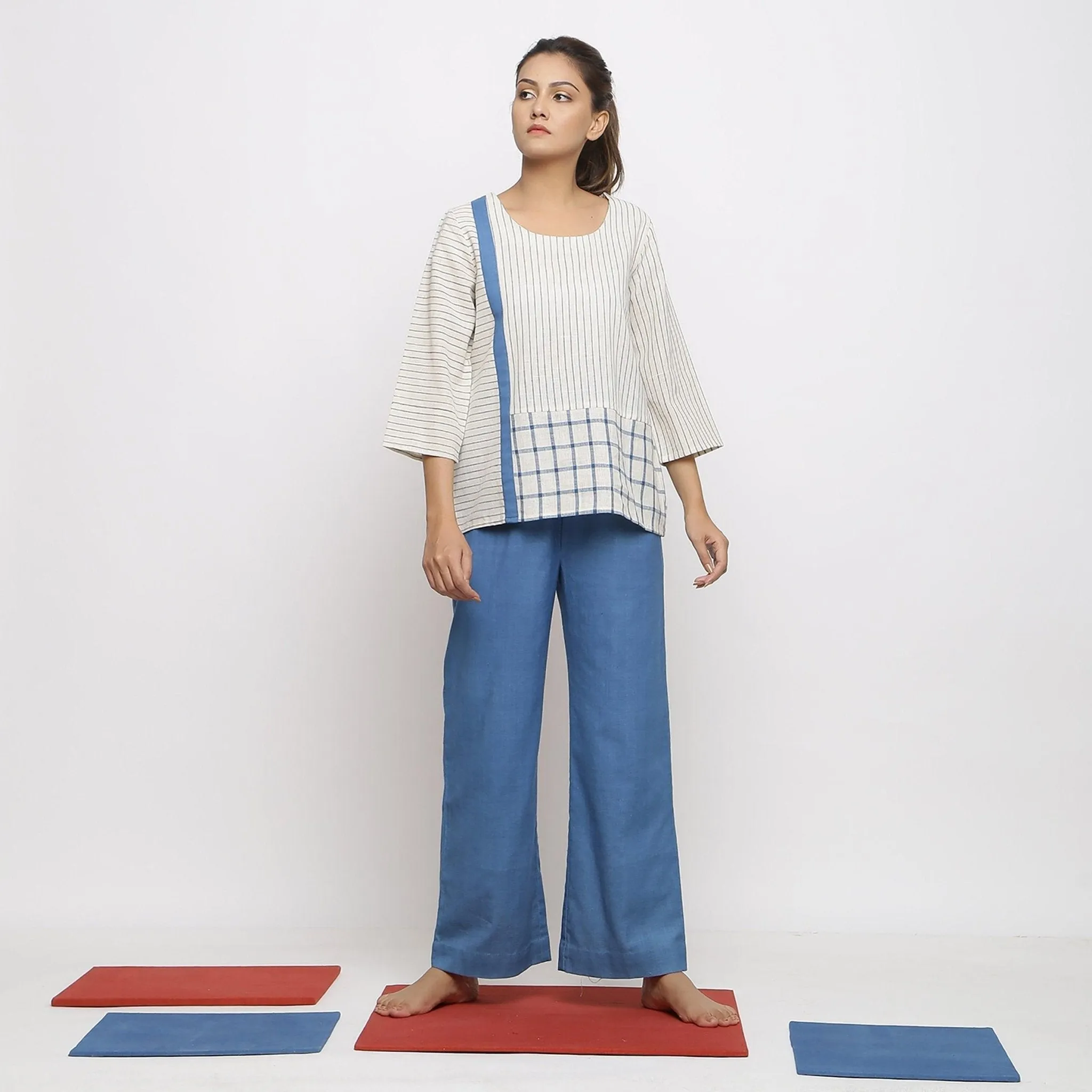 White and Blue Vegetable Dyed Handspun Cotton Paneled Top