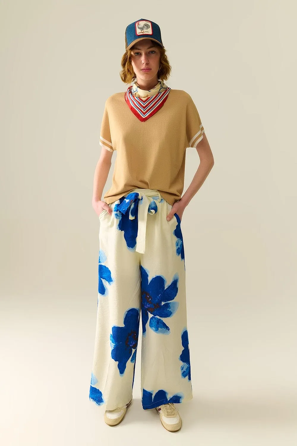 White Palazzo Pants With Blue Tropial Flower Print And Matching Belt