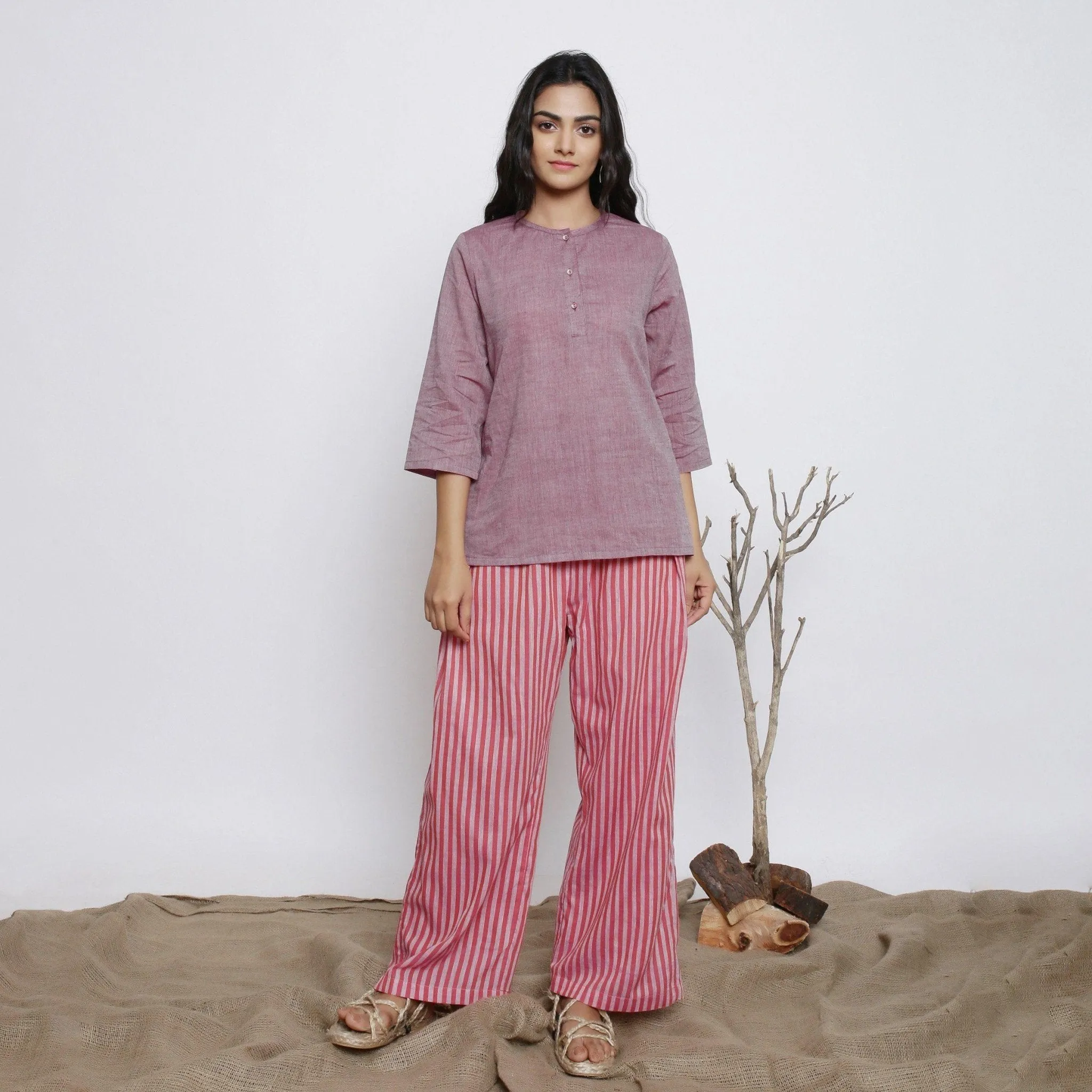 Wine Yarn Dyed Cotton Muslin Round Neck A-Line Top