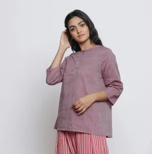 Wine Yarn Dyed Cotton Muslin Round Neck A-Line Top