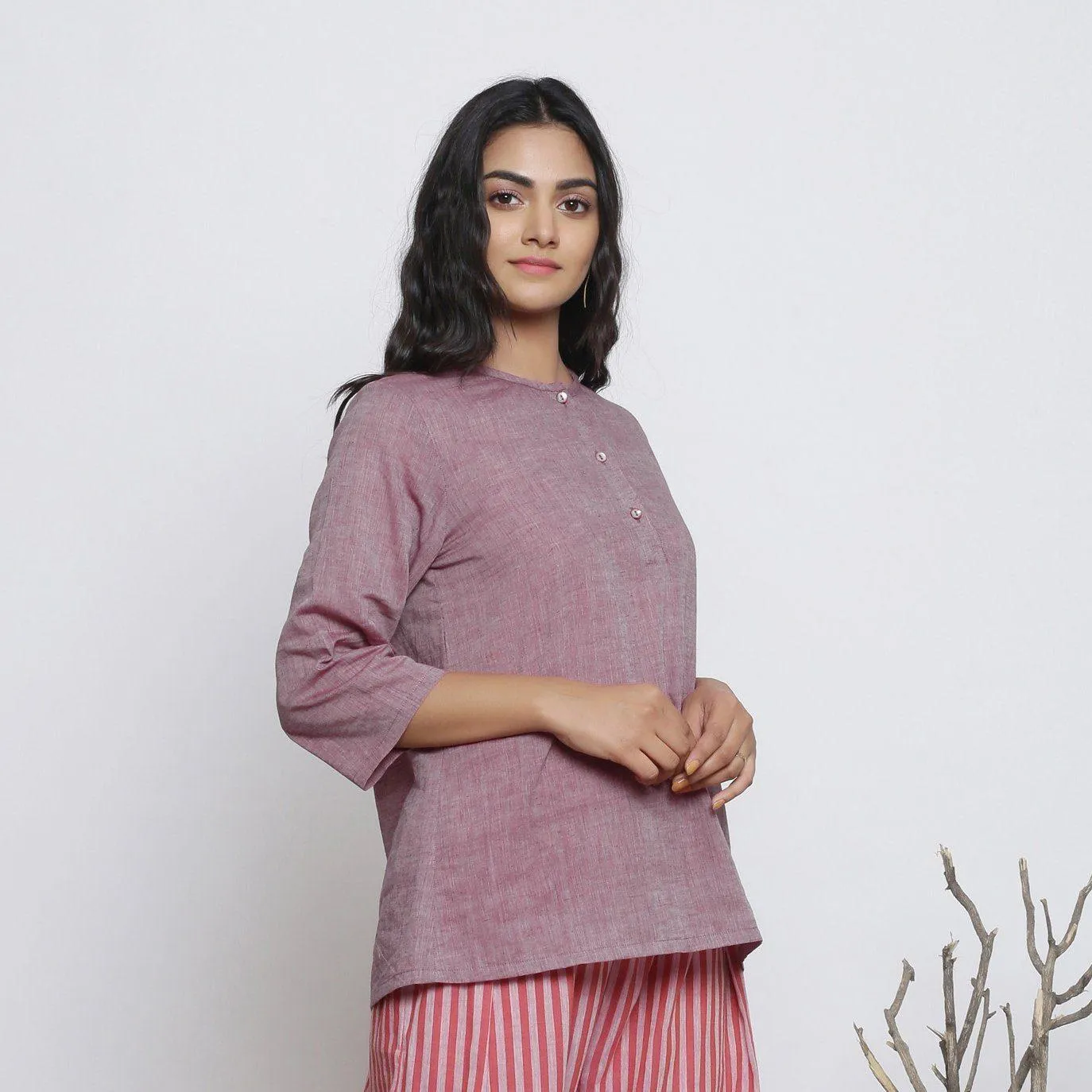 Wine Yarn Dyed Cotton Muslin Round Neck A-Line Top