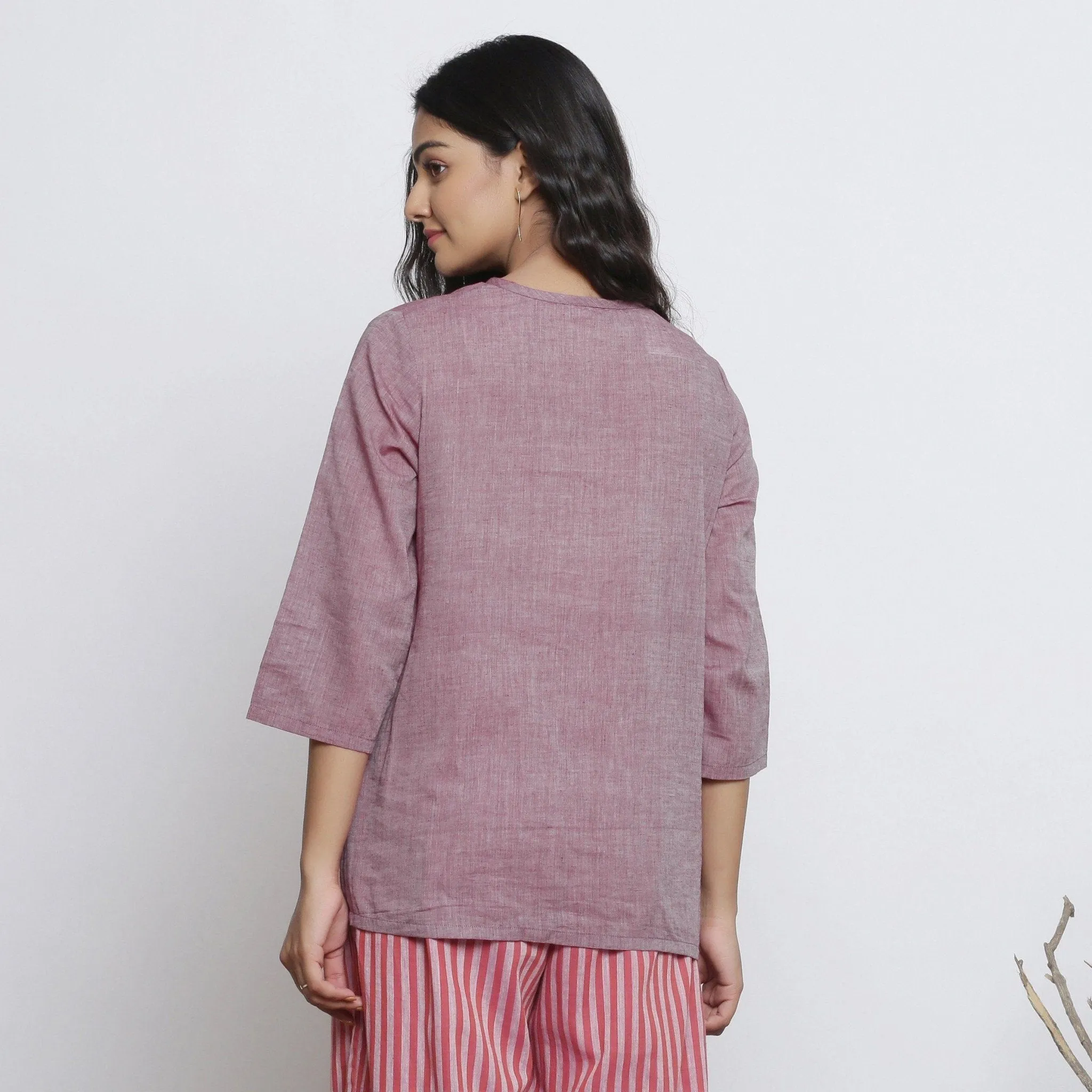Wine Yarn Dyed Cotton Muslin Round Neck A-Line Top