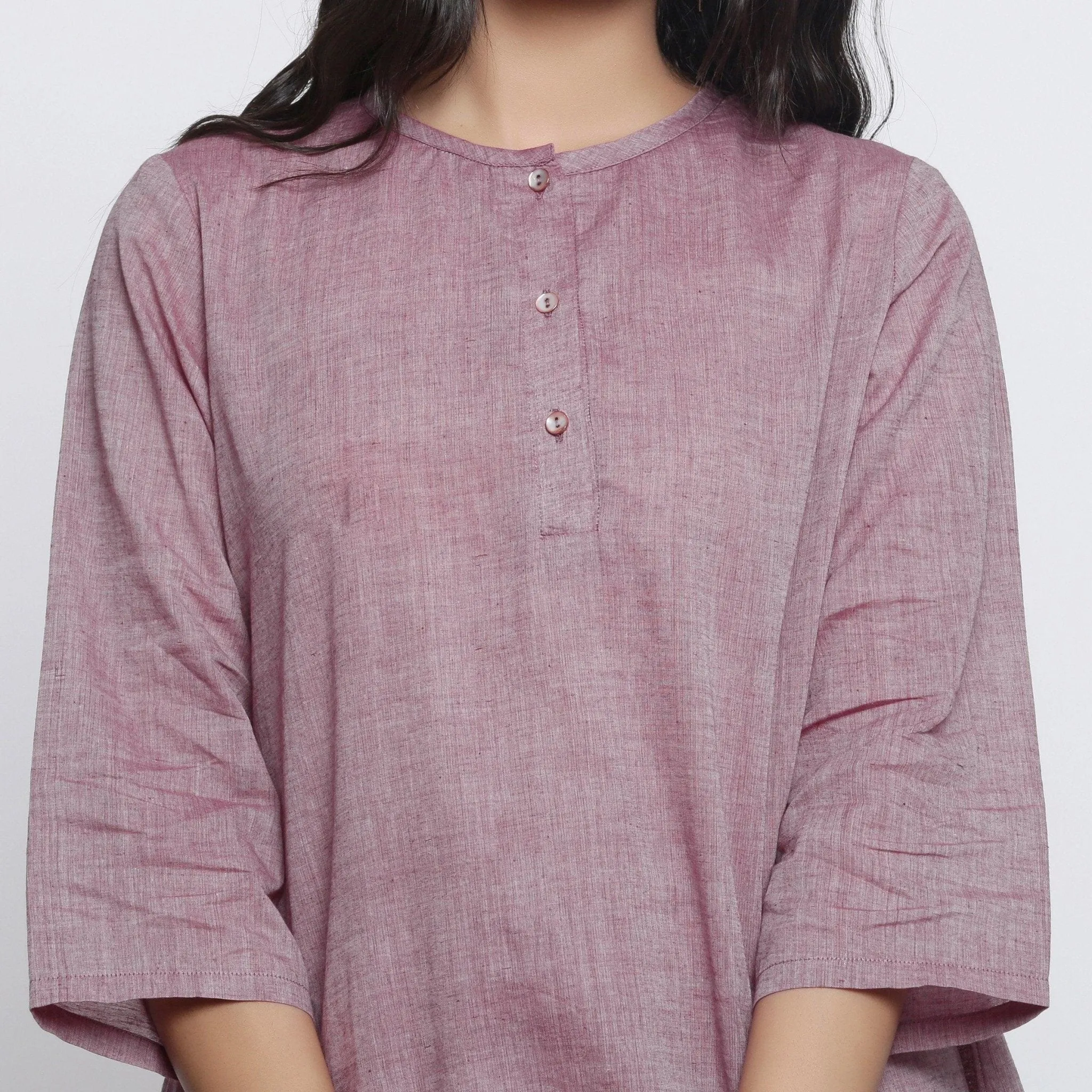 Wine Yarn Dyed Cotton Muslin Round Neck A-Line Top