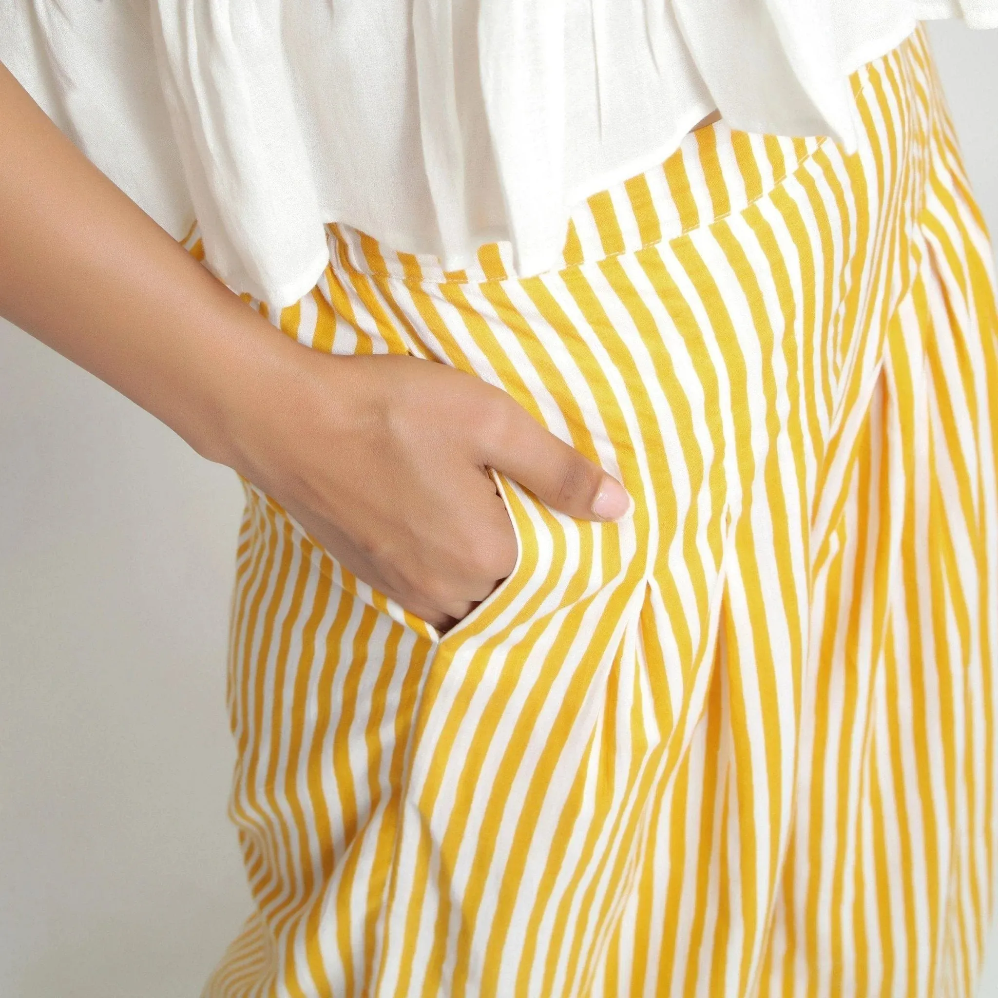 Yellow Striped Hand Screen Print Elasticated Wide Legged Cotton Pant