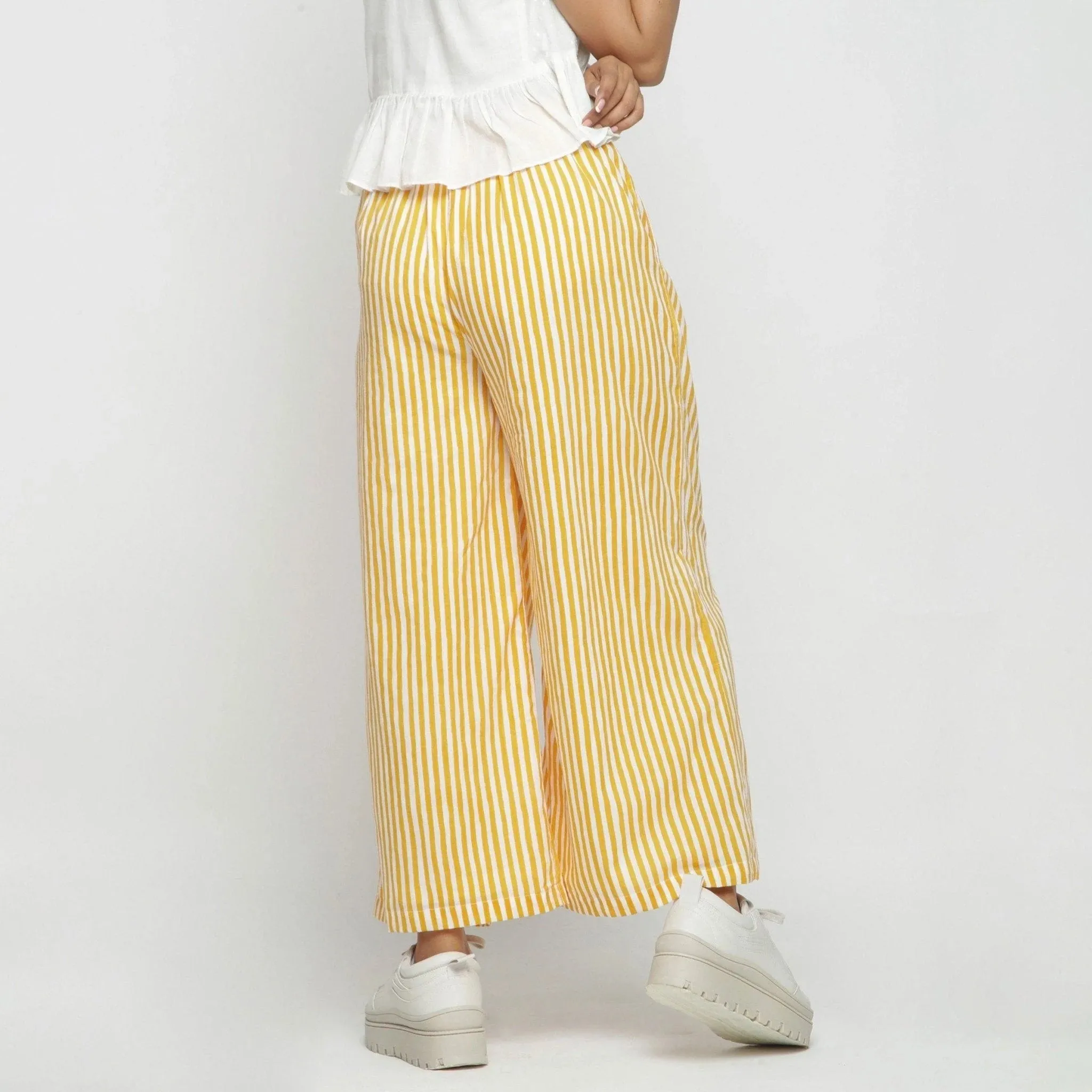 Yellow Striped Hand Screen Print Elasticated Wide Legged Cotton Pant