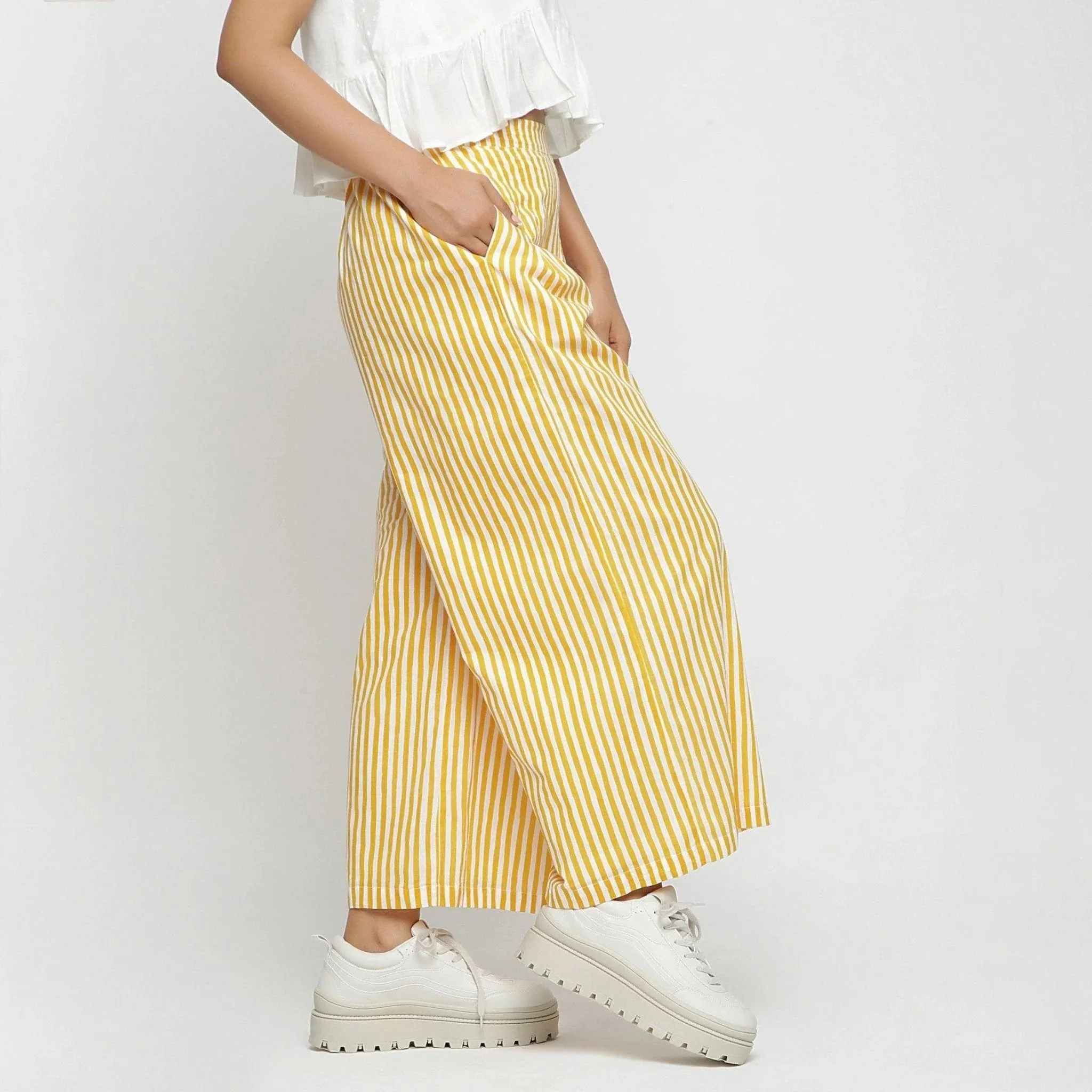 Yellow Striped Hand Screen Print Elasticated Wide Legged Cotton Pant