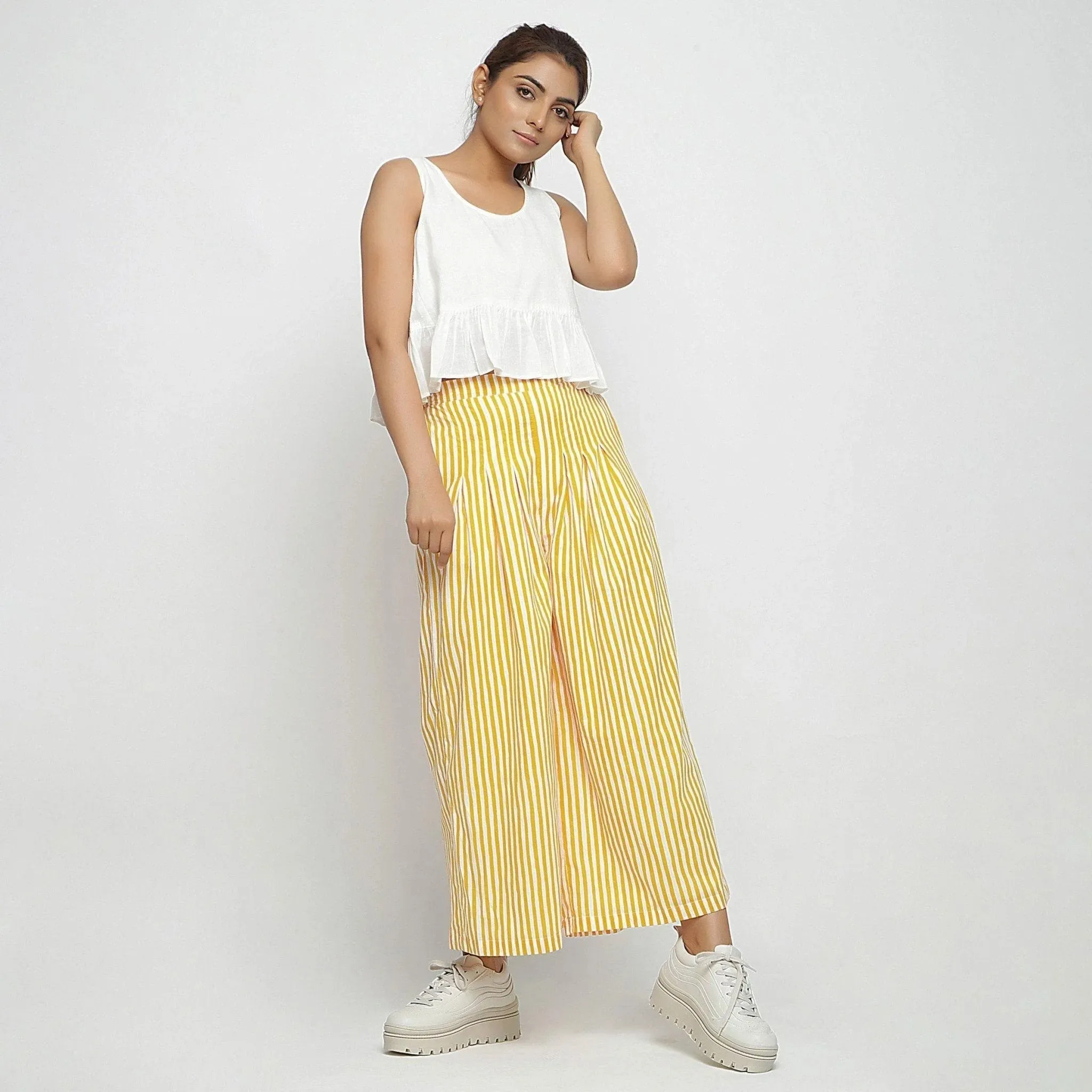 Yellow Striped Hand Screen Print Elasticated Wide Legged Cotton Pant